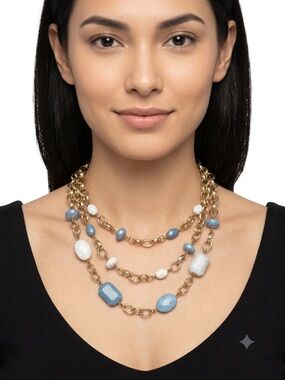 Talbots adjustable Gold Multi-Strand Necklace with Blue and White Beads